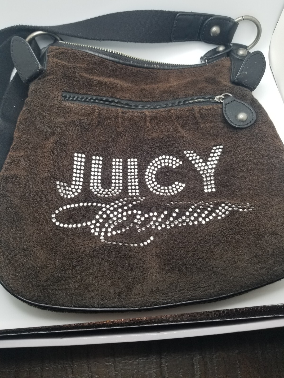 Vintage Juicy Couture Brown Terry Cloth Crossbody Bag with Rhinestone Accents