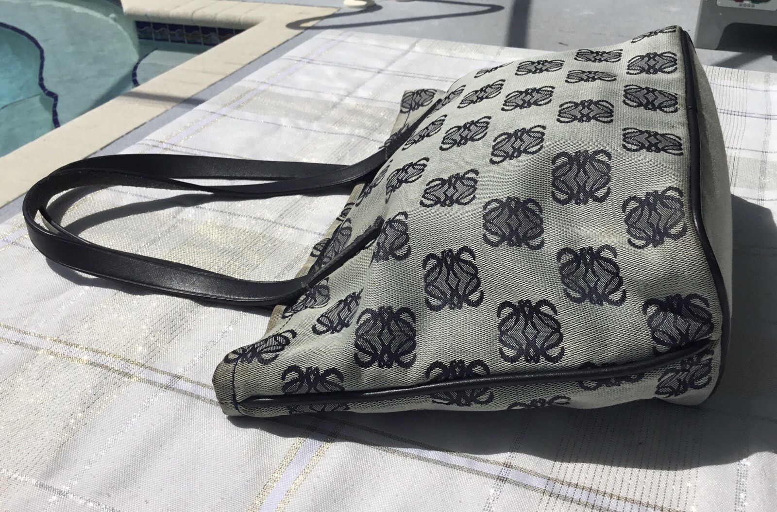 Loewe Anagram Patterned Canvas Tote With Navy Leather Handles Trim With COA