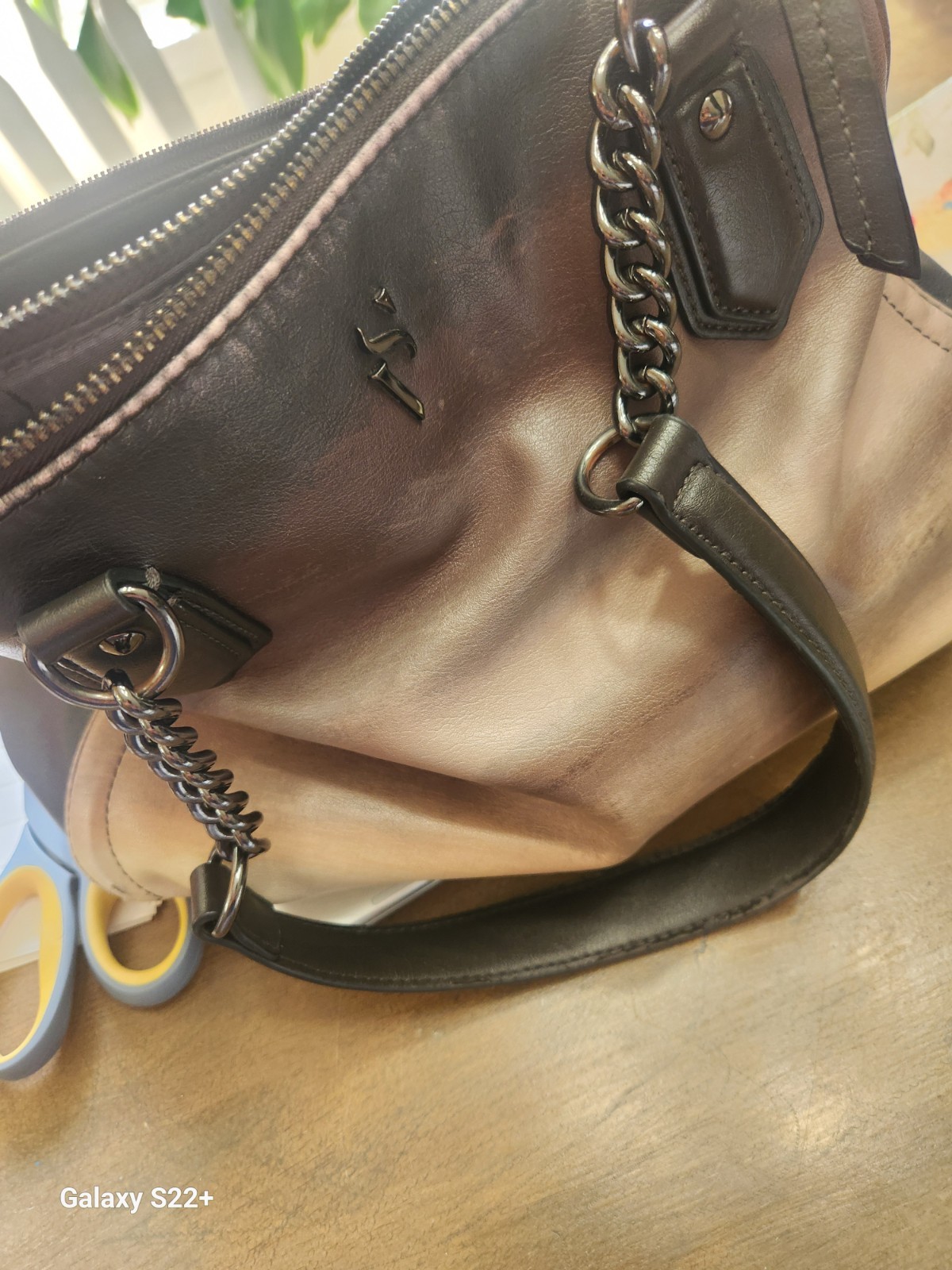 Simply Vera Vera Wang Brown/Black Satchel Top Handle Bag Chain Handles Multi Zip