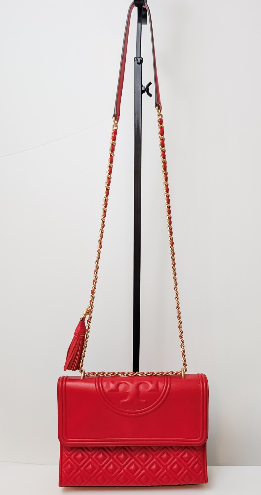 Tory Burch Fleming Convertible Shoulder Bag Red Leather Gold Chain Tassel