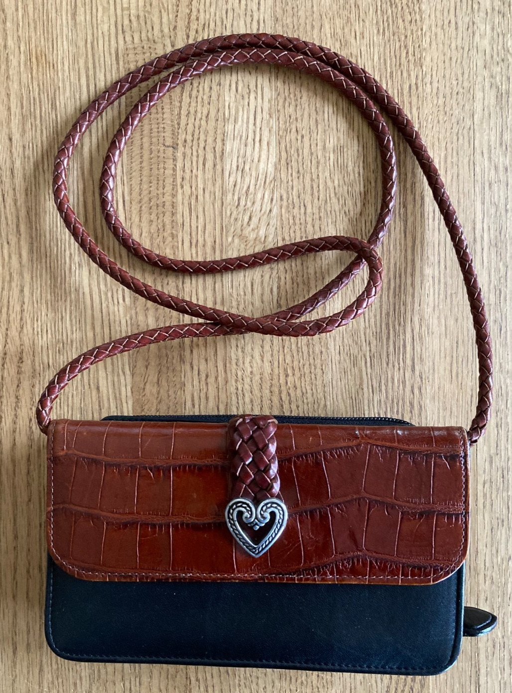 Brighton Black Brown Embossed Leather Flap Snap Zip Crossbody Clutch Organizer