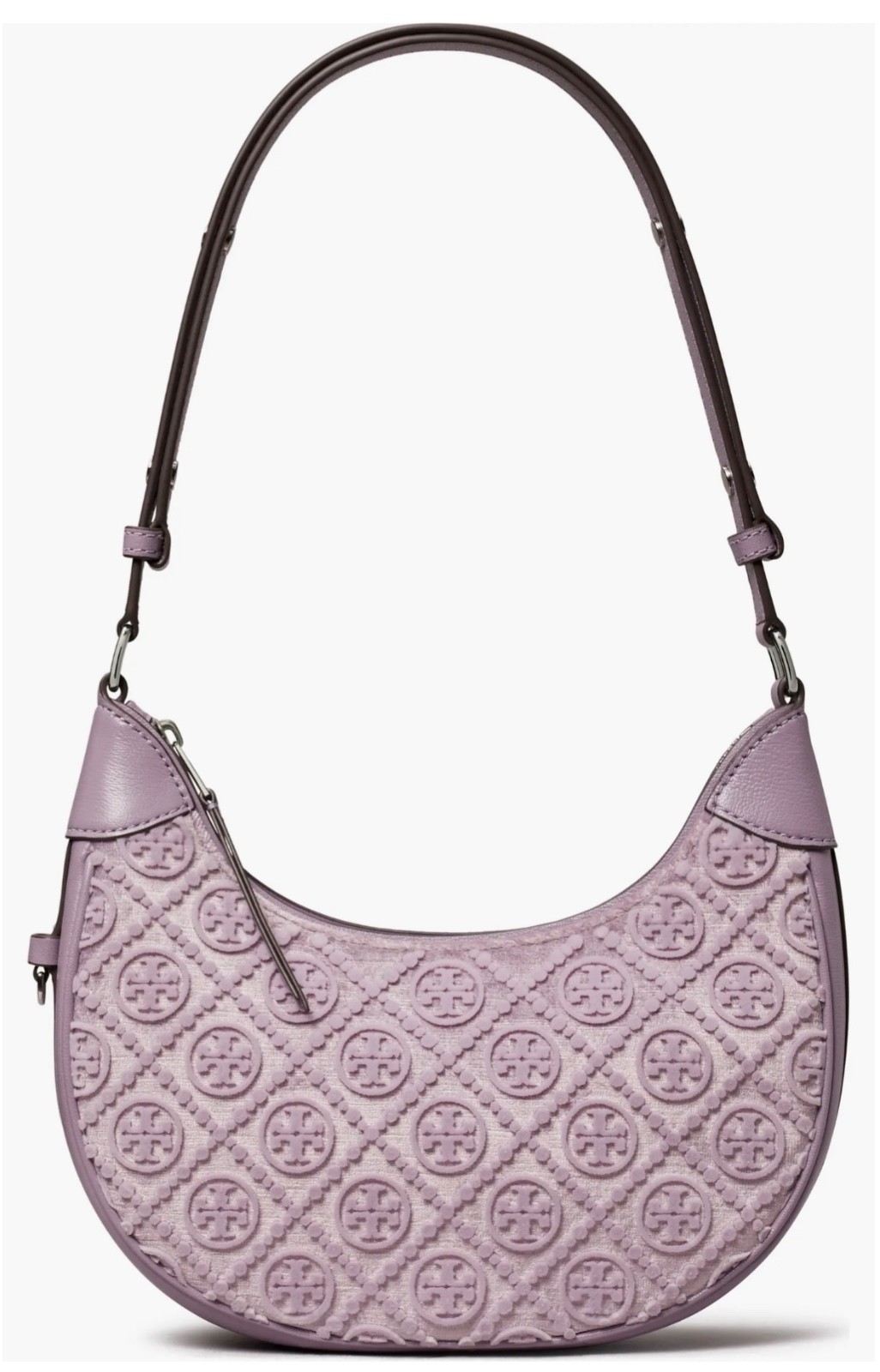 NWT TORY BURCH $528 LILAC T MONOGRAM FIL COUPE CRESCENT SHOULDER BAG