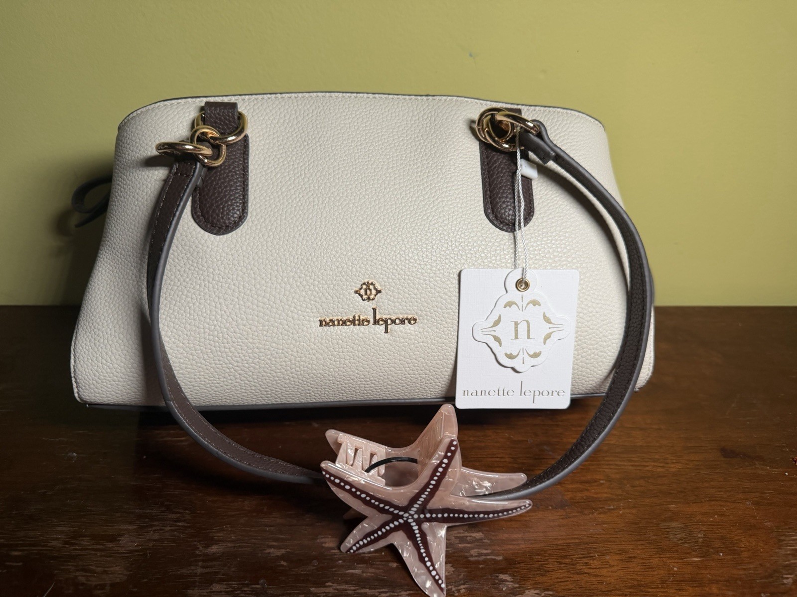 Nanette Lepore White Cherry Tote 4 Piece Set w/ Bag Charm, Zip, Detachable Strap