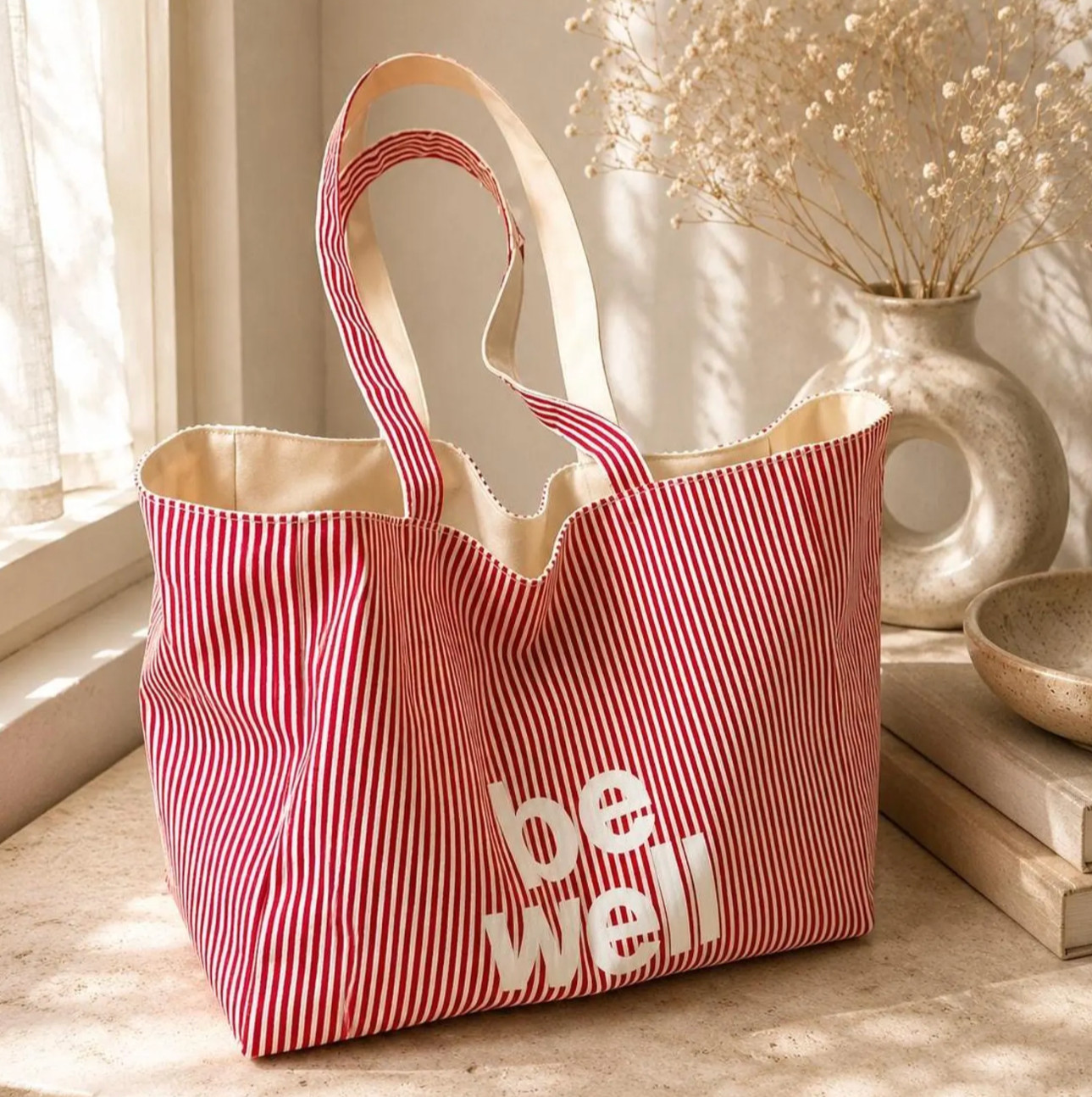 Large Red Canvas Tote Bag Women Striped Shoulder Shopper Beach Travel Handbag