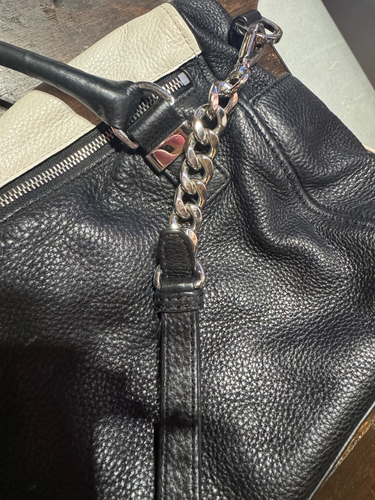 Michael Kors Weston~Black/White Pebbled Leather~Foldover Top Satchel~Chain Strap