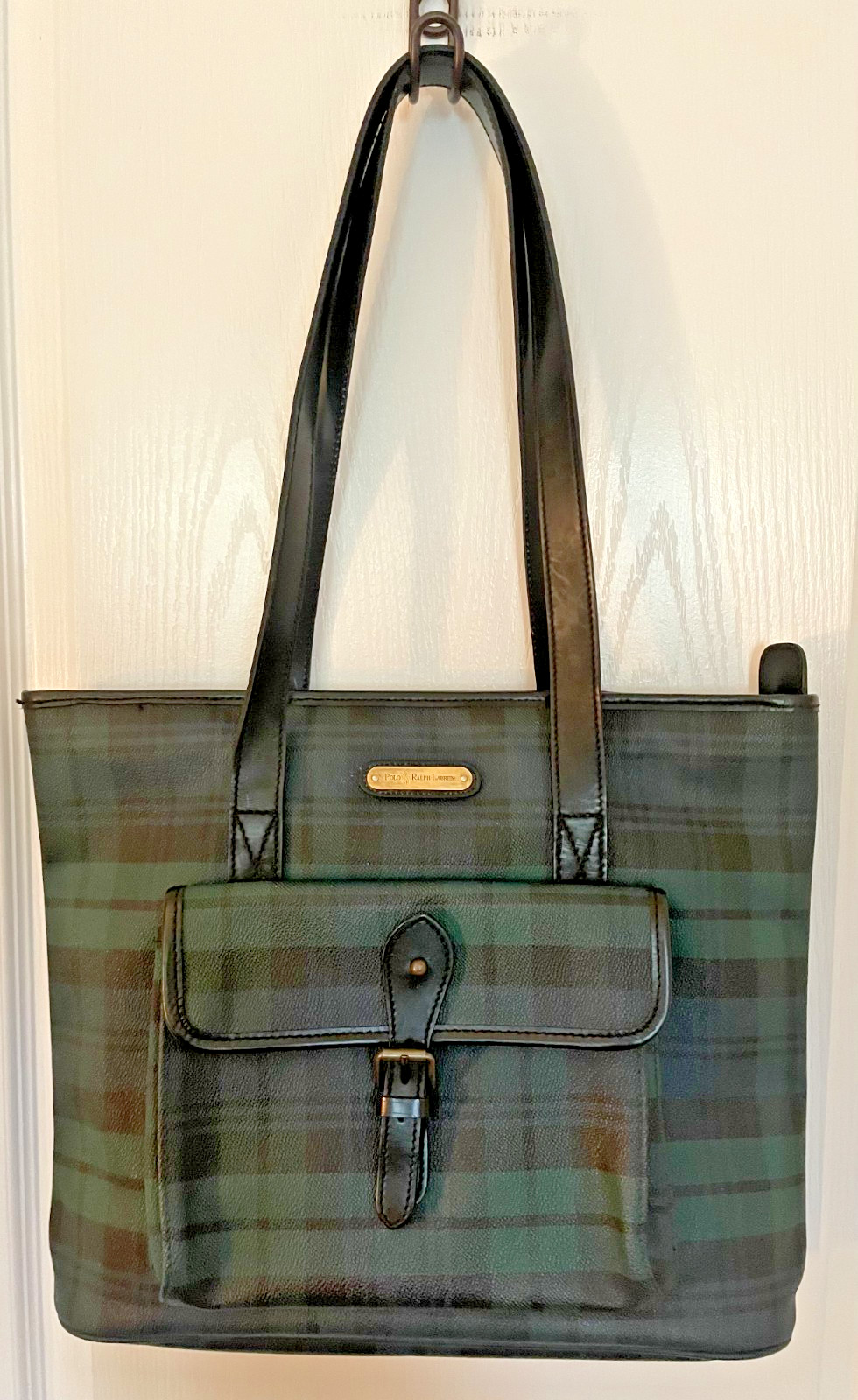 RALPH LAUREN Green/Black TARTAN WATCH PLAID Coated Canvas/Leather Shoulder Bag