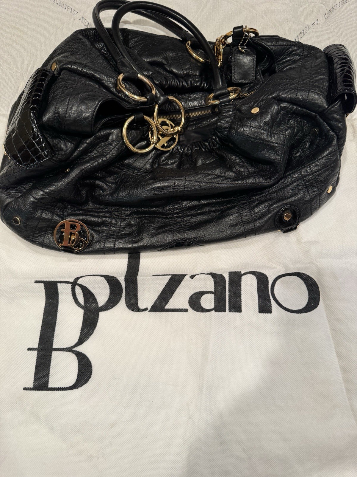 Bolzano Black Shoulder Bag Gold Hardware Croc Embossed Zip/Magnetic Dust Bag