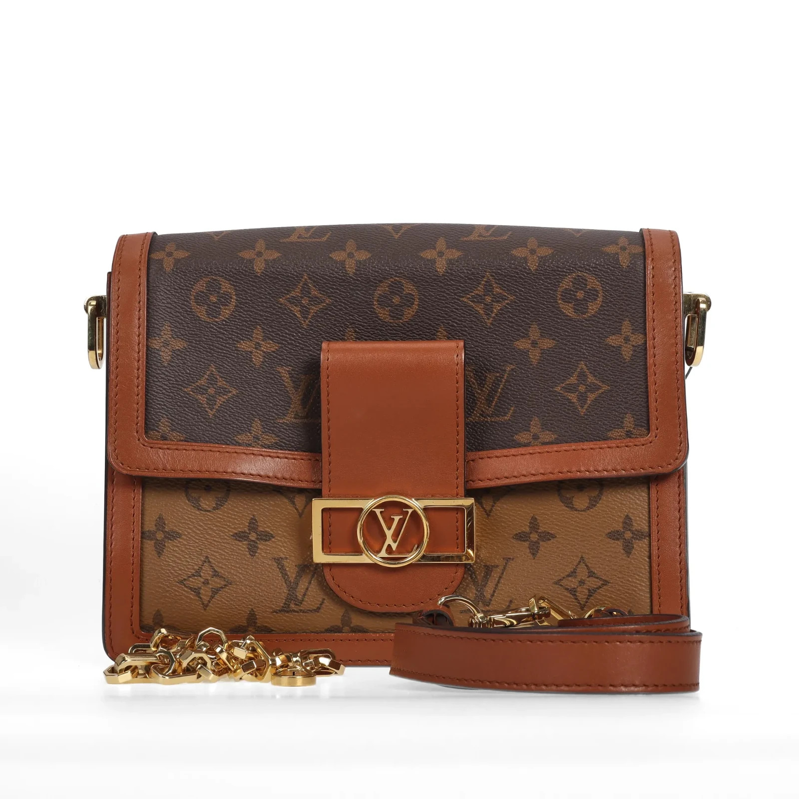 Louis Vuitton Dauphine MM Two Strap Monogram Canvas Gold Chain Shoulder Bag