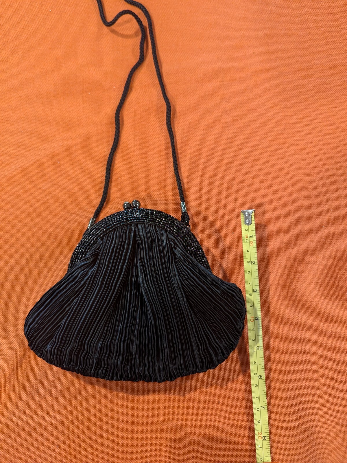 Franchi vintage Black Satin Pleated bead beaded Jeweled Kisslock Close