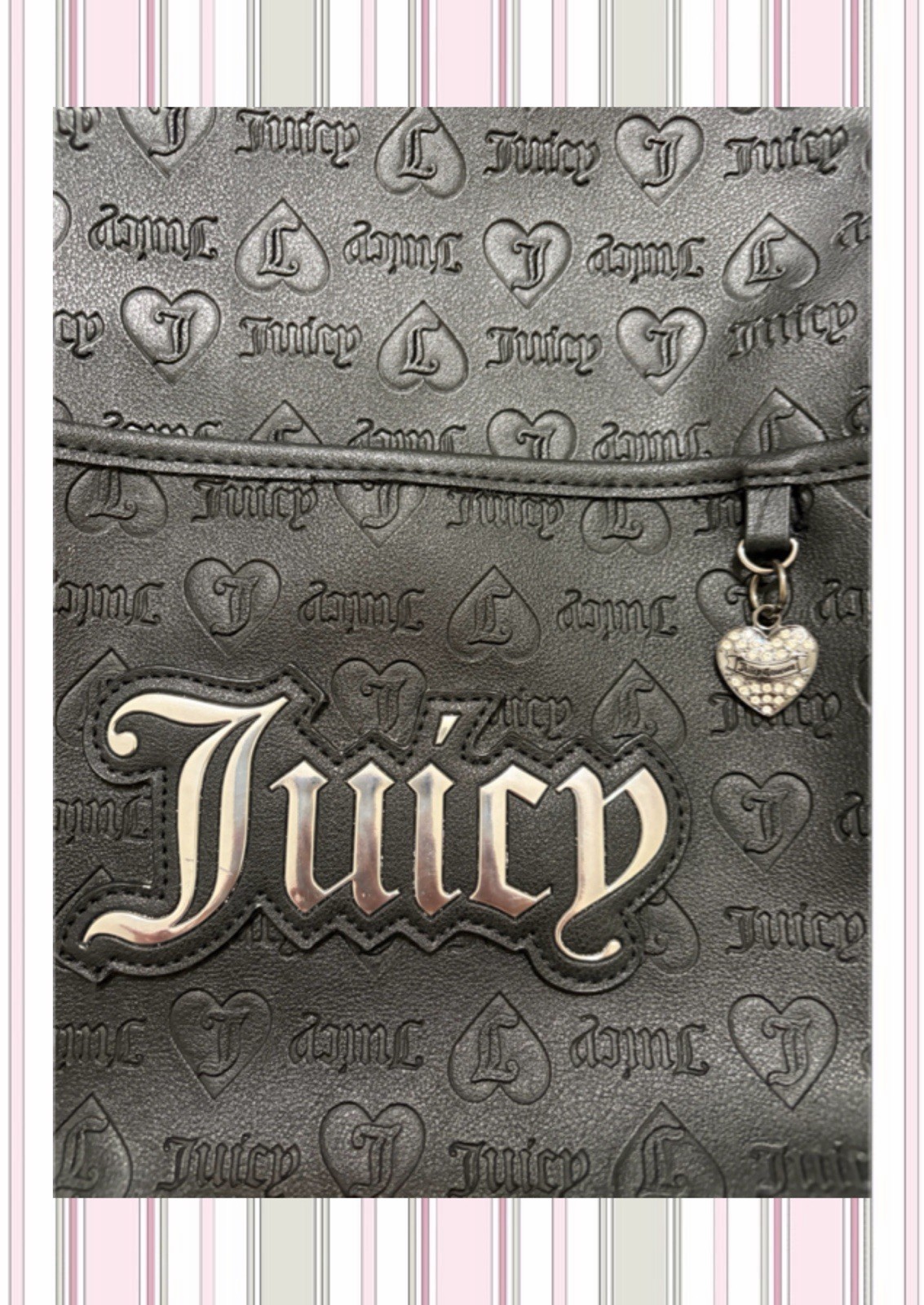 Juicy Couture Black Logo Embossed Backpack Purse, Zip, Charm, Pockets