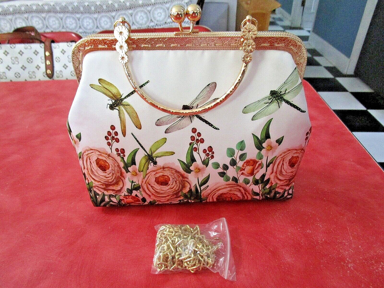 Gold Tone Clutch Fabric Dragonfly Purse, Snap & Lock Closure Handle New!