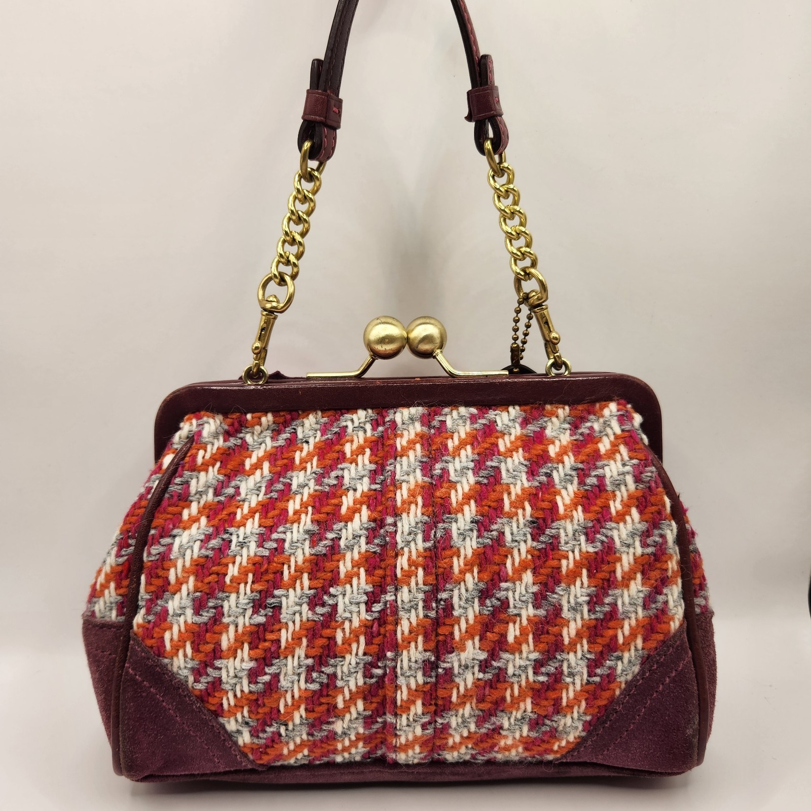 Y2K Coach Houndstooth Purple Tweed and Suede Kisslock Bag