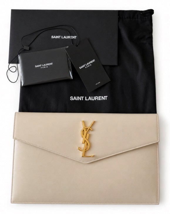 YSL Saint Laurent Uptown Clutch Pouch Black Grain De Poudre Leather Gold Logo
