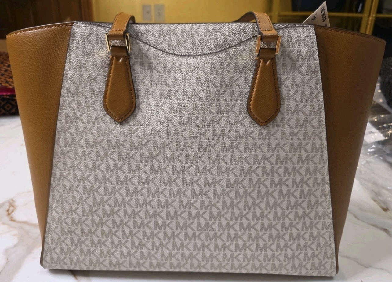 Michael Michael Kors Taryn Large Signature Logo and Leather Tote Bag Brown