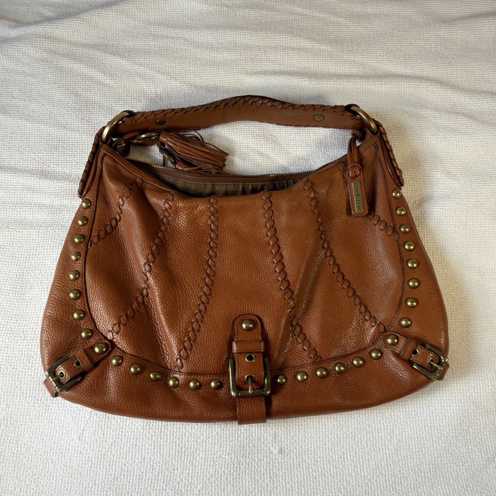 ISABELLA FIORE Vintage Audra Hobo Bag Cognac Leather Whipstitch Studded Boho