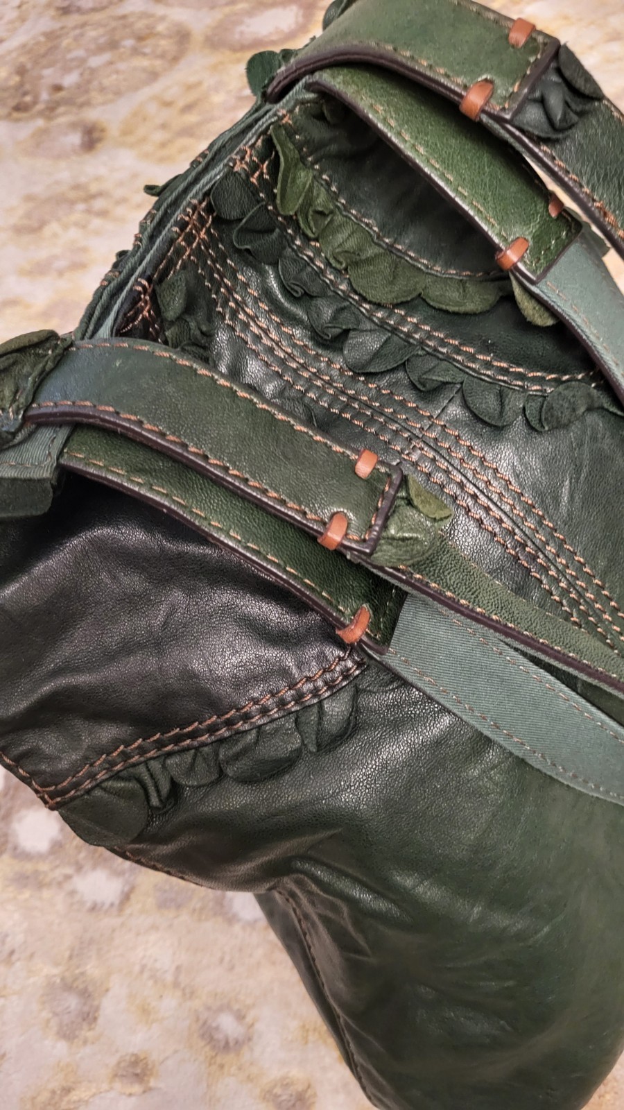 Vintage Lucky Brand Abbey Road Italian Leather Green Hippie Boho Bag W/ Straps