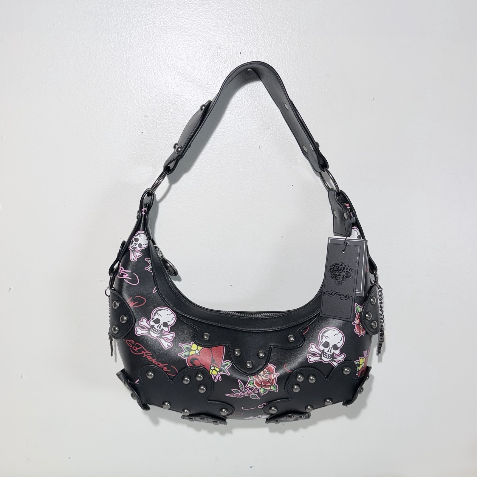 Ed Hardy Studded Tattoo Shoulder Bag Skull-Rose-Logo, Charms. Black NWT