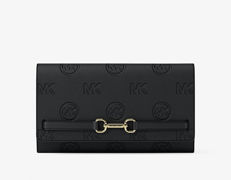 Michael Kors Large Carson Wallet On Chain Embossed Logo Crossbody Bag Black
