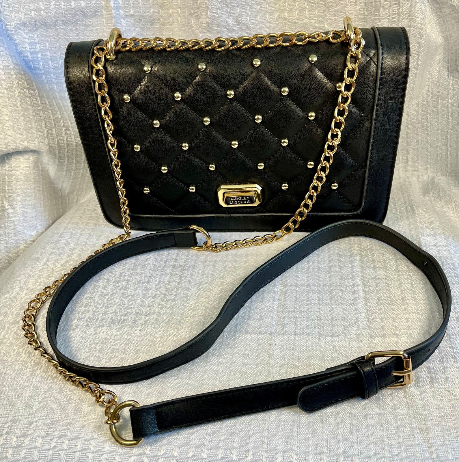 Badgley Mischka Black Quilted Studded Crossbody Bag Gold Chain Strap
