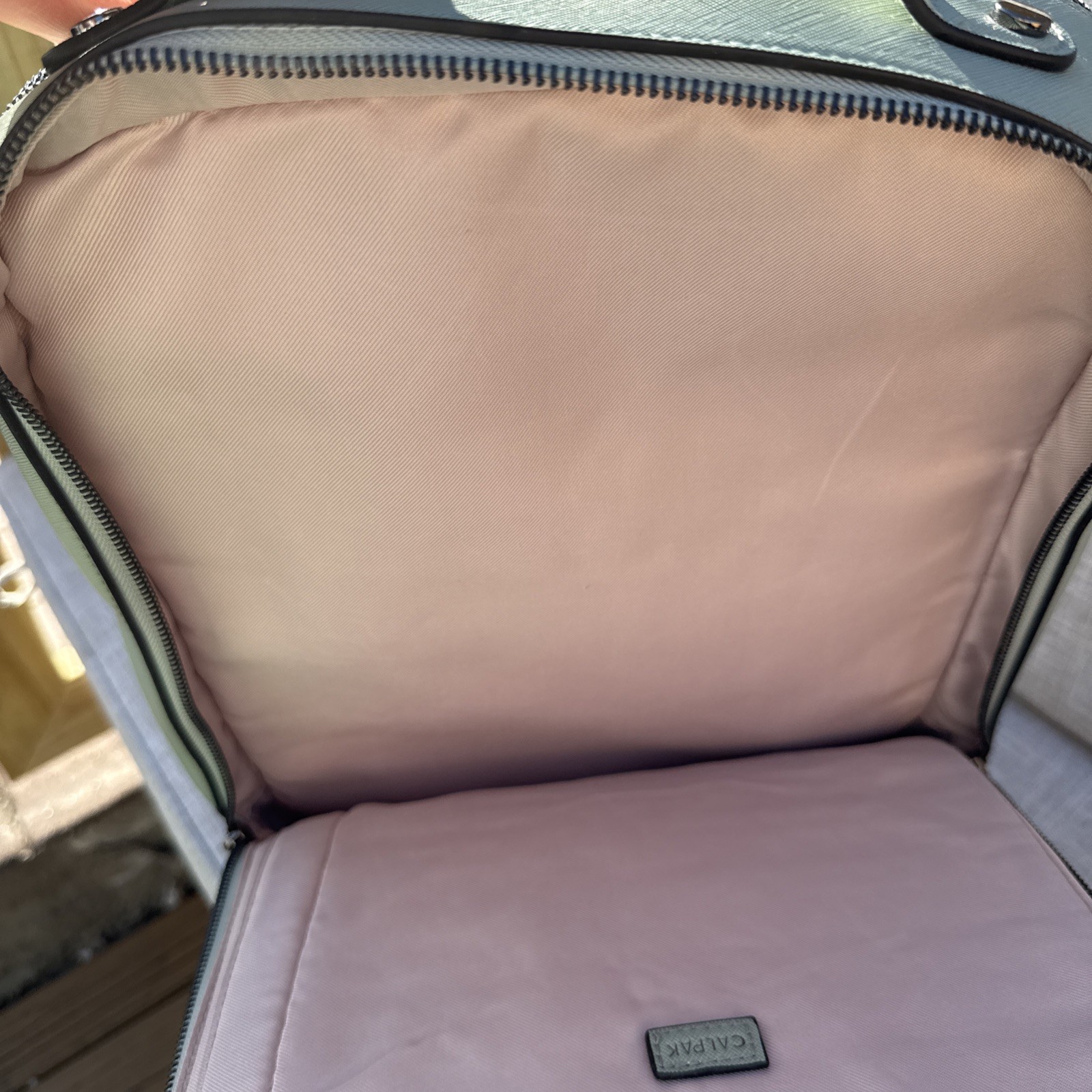 CALPAK Mint Green Kaya Backpack laptop, pink Silver Hardware Travel Sleeve
