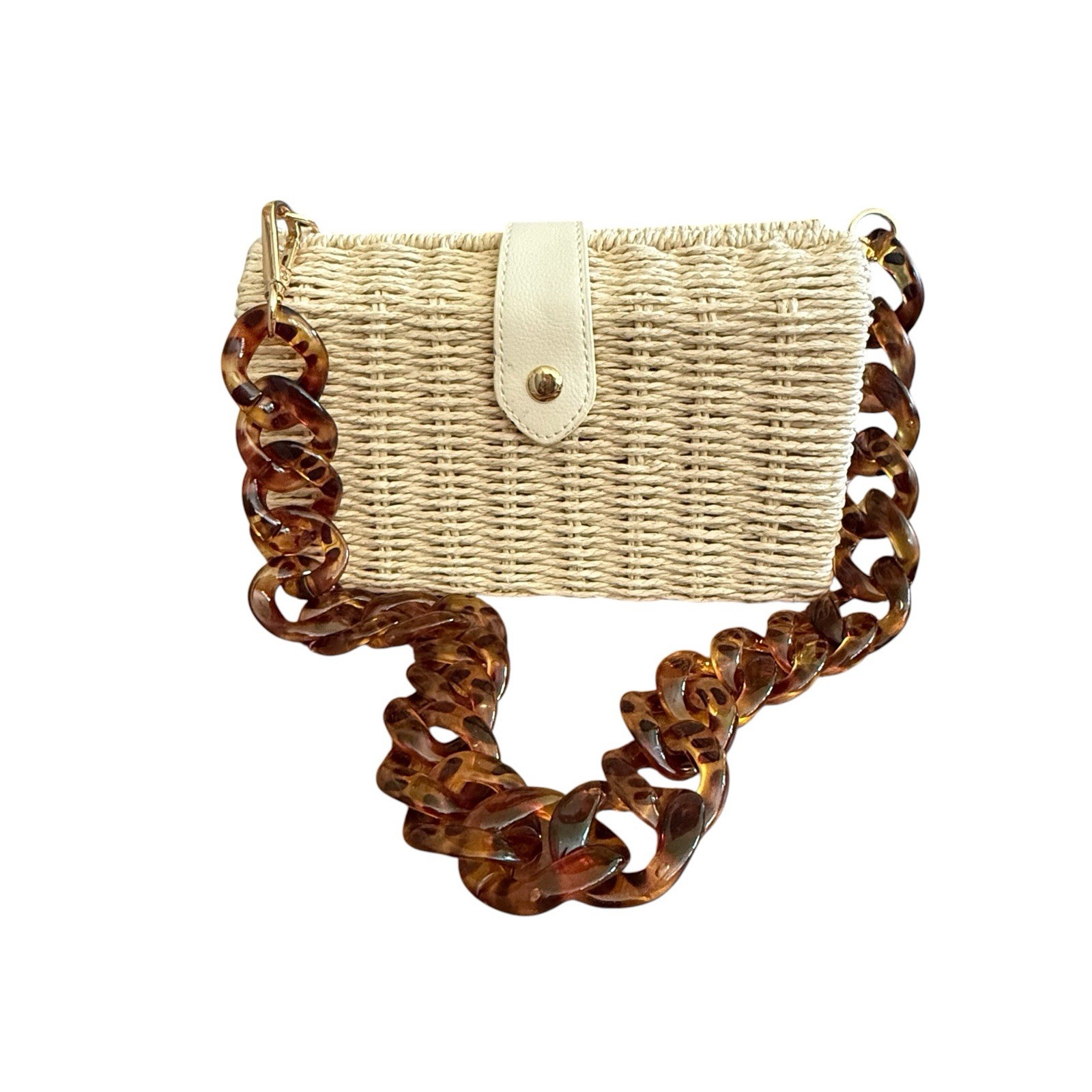 NWOT Woven Straw Rattan Clutch Purse Tortoise Chain Crossbody Summer Beach Bag