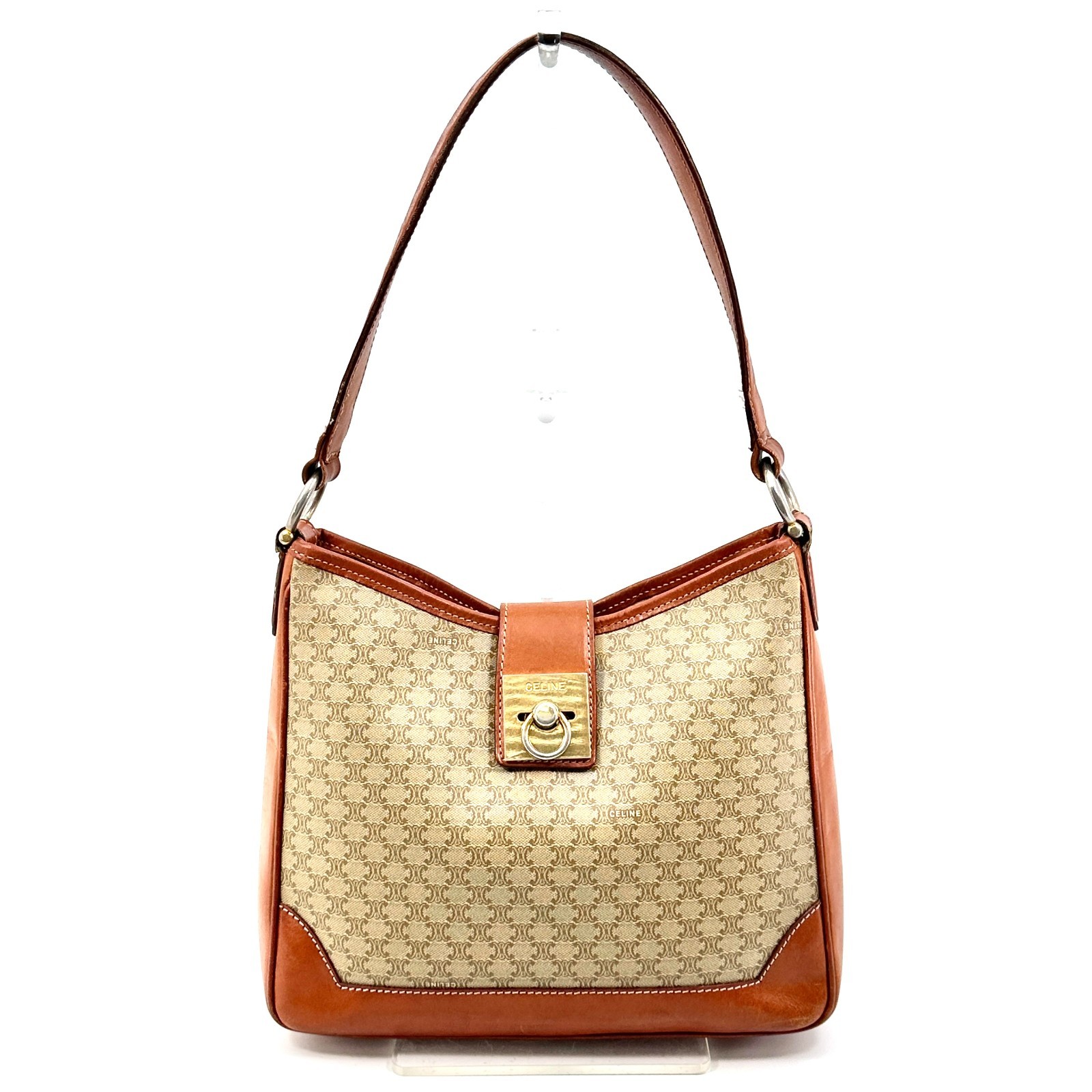 CELINE Macadam Turnlock Shoulder Hobo Bag PVC Leather Beige Brown Gold Auth