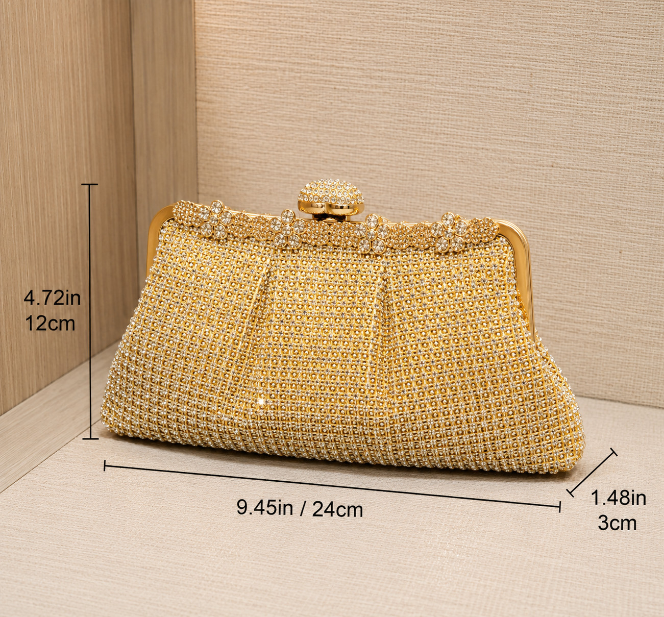 LUXURY GOLD RHINESTONE EVENING CLUTCH CRYSTAL WEDDING PARTY FORMAL HANDBAG