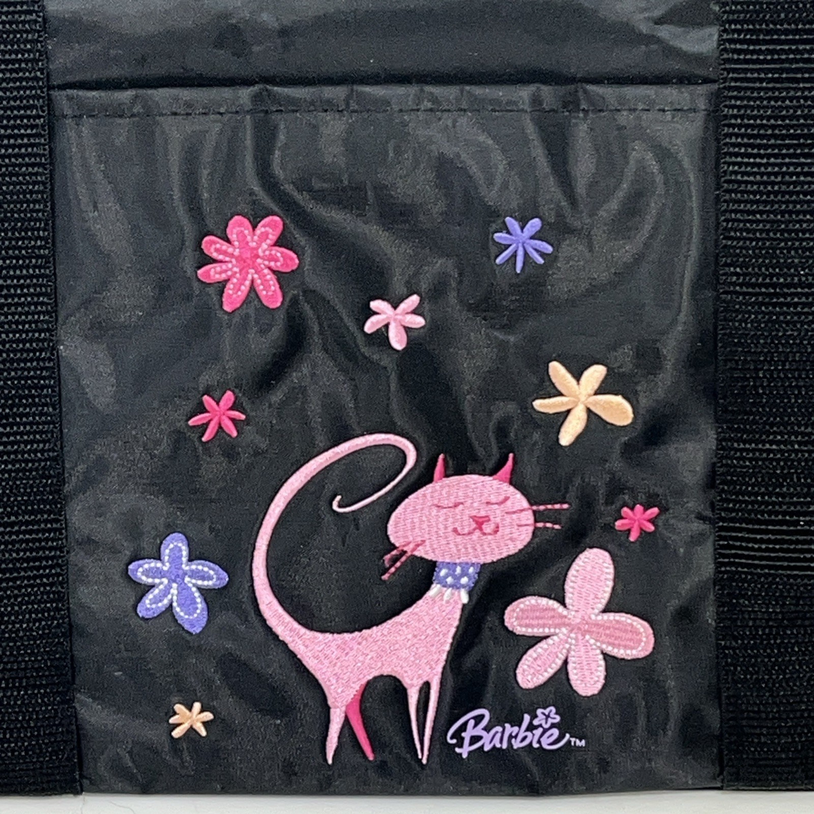 BARBIE Pink Kitty Cat Hallmark Tote Bag Black Nylon Zip Logo Charm Web Handles