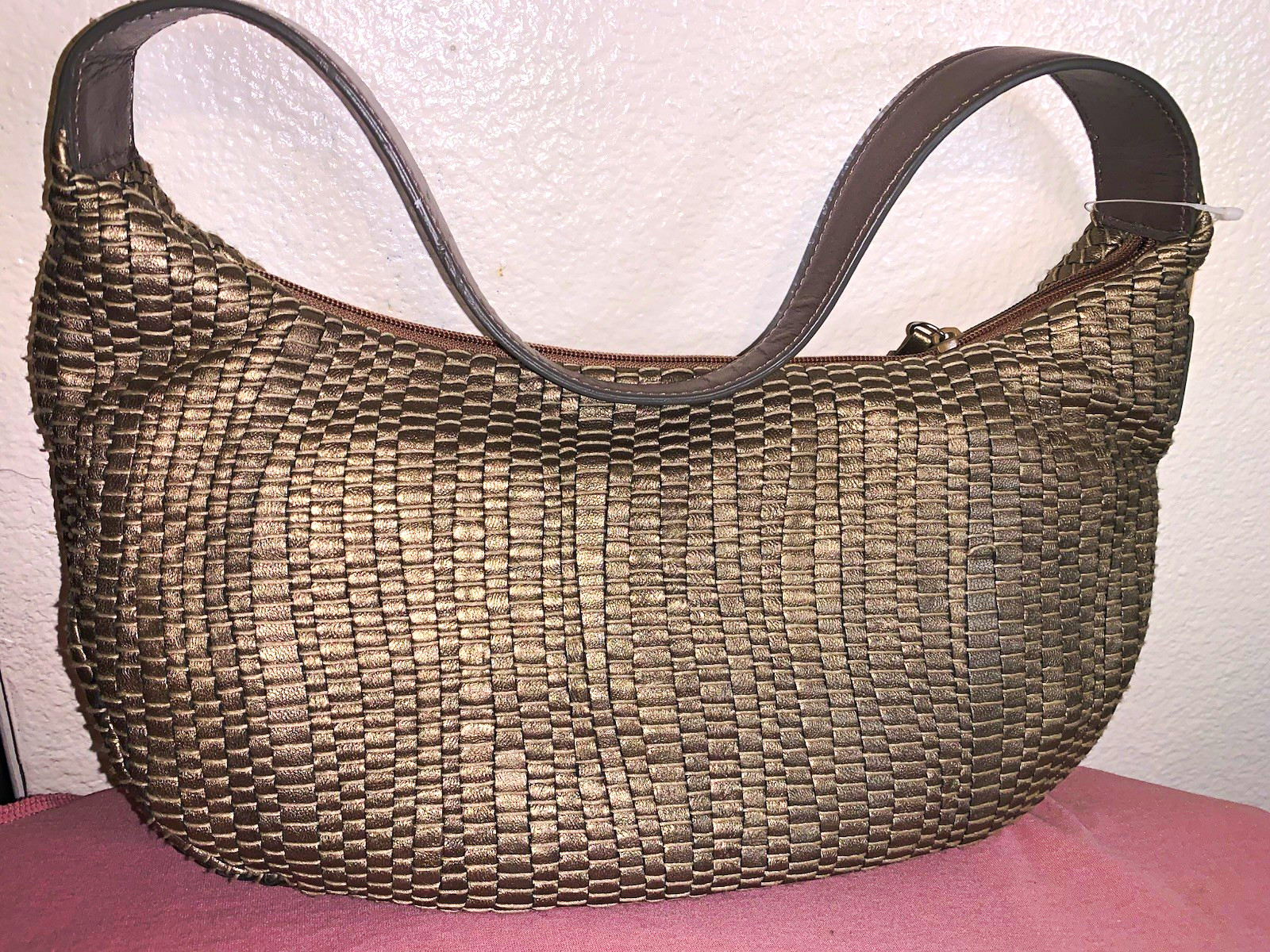 Franco Sarto Metallic Woven Crescent Shoulder Bag Zip Closure Gold Hardware M