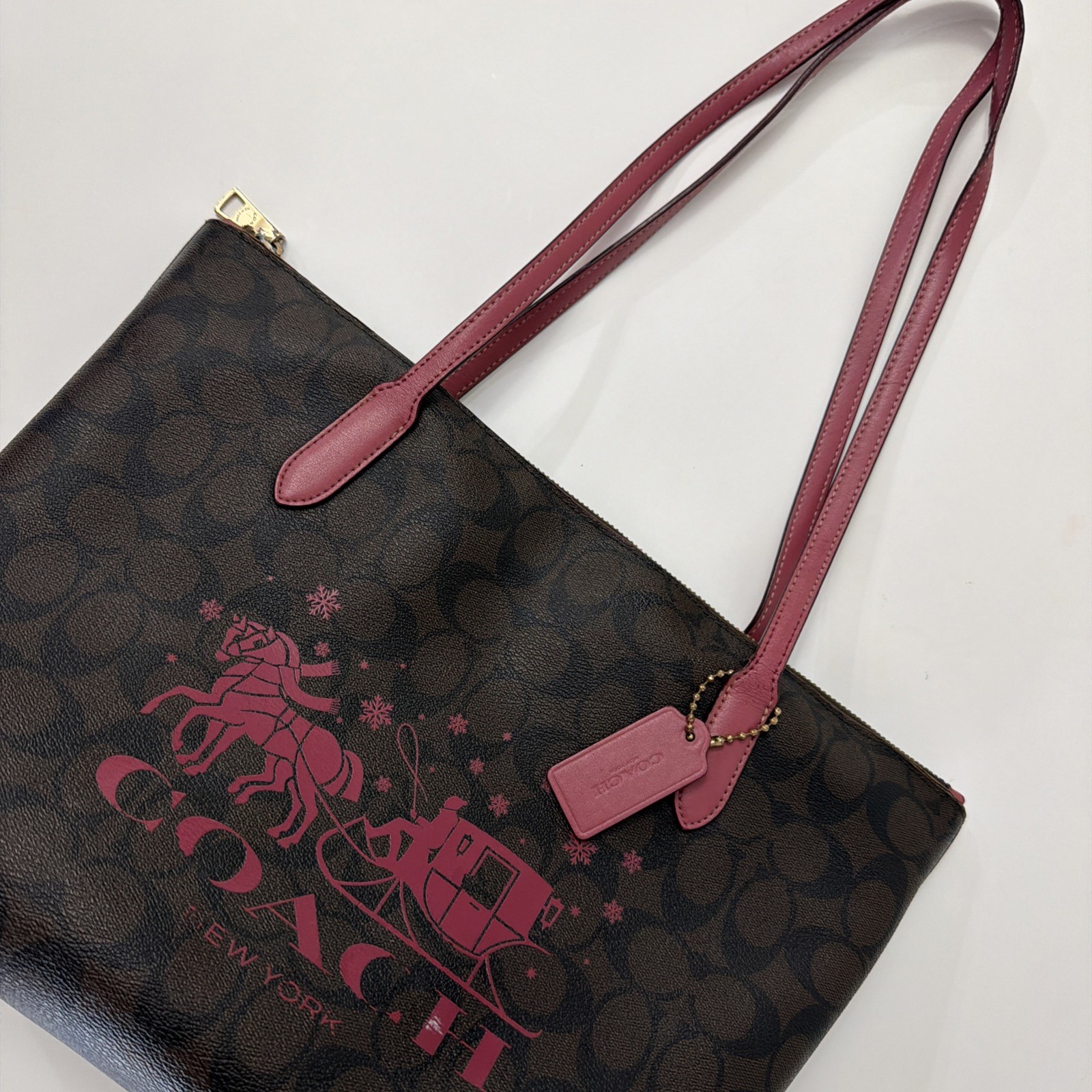 Coach Brown & Pink Logo Tote Horse Carriage Print Gold Hardware Large Designer