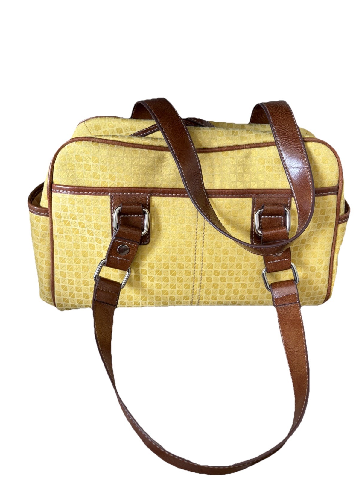 Nine & Co Women’s Yellow Geometric Zip Shoulder Bag Brown Strap Silver Hardware