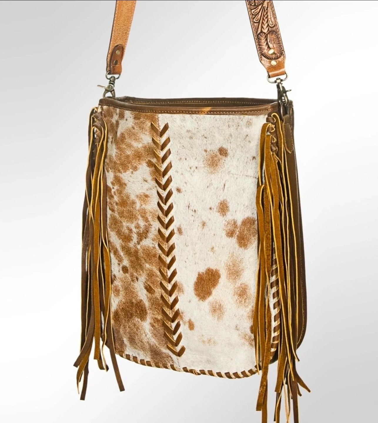American Darling Concealed Carry COWHIDE/FRINGE TOTE HANDCARVED LEATHER STRAP