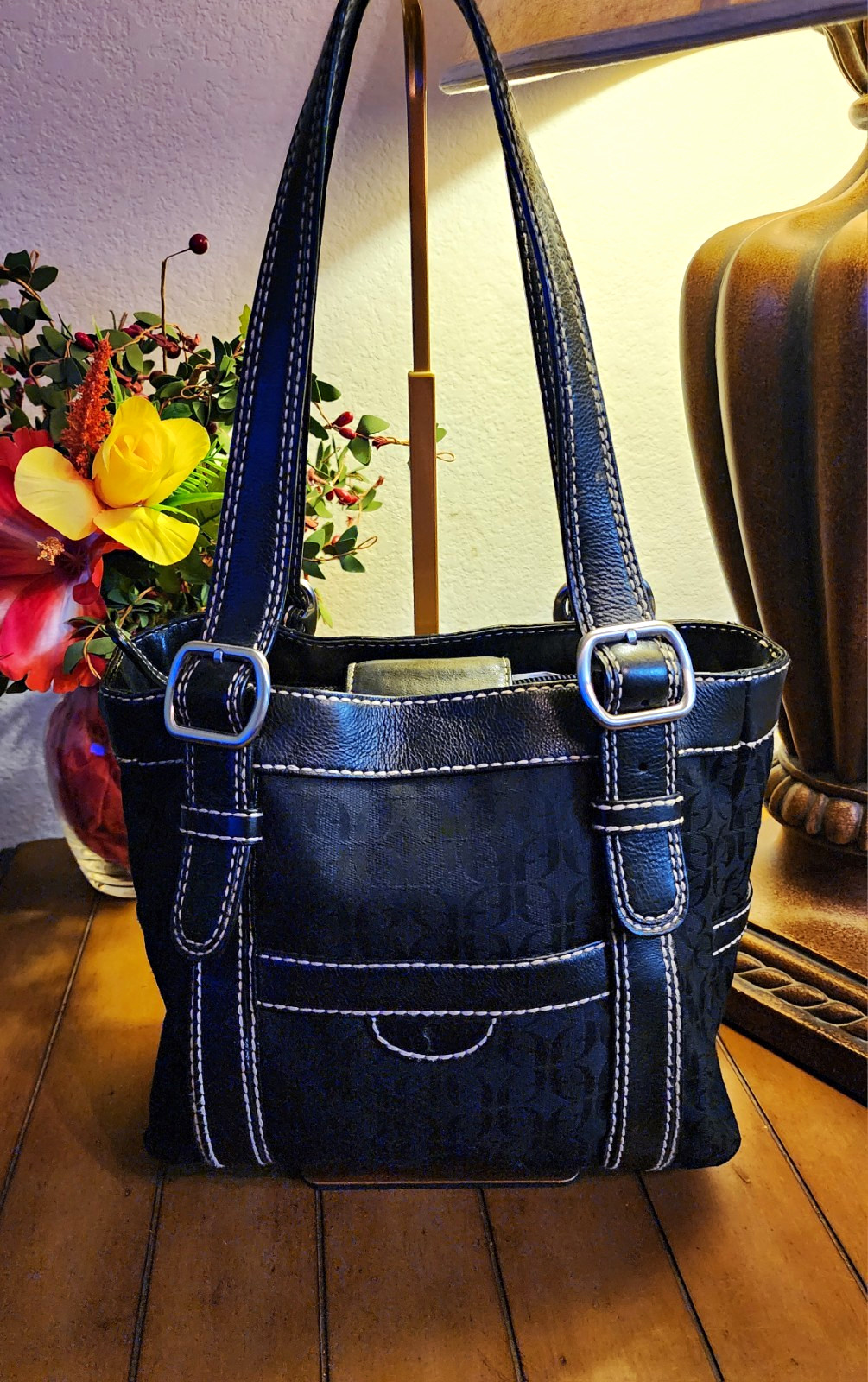 Fossil Jacquard Monogram Black Shoulder Medium Double Handles Lined Buckle Y2K