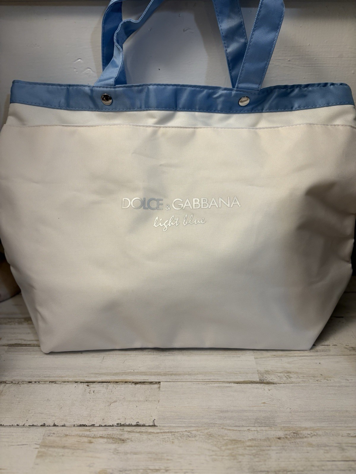 Dolce & Gabbana White/Light Blue Tote Bag Embroidered Logo Snap Double Handles