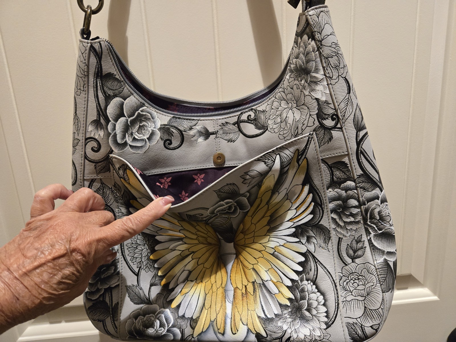 Signed Hand Painted Leather Anushka Hobo Bag-Guardian Angel Wing Design