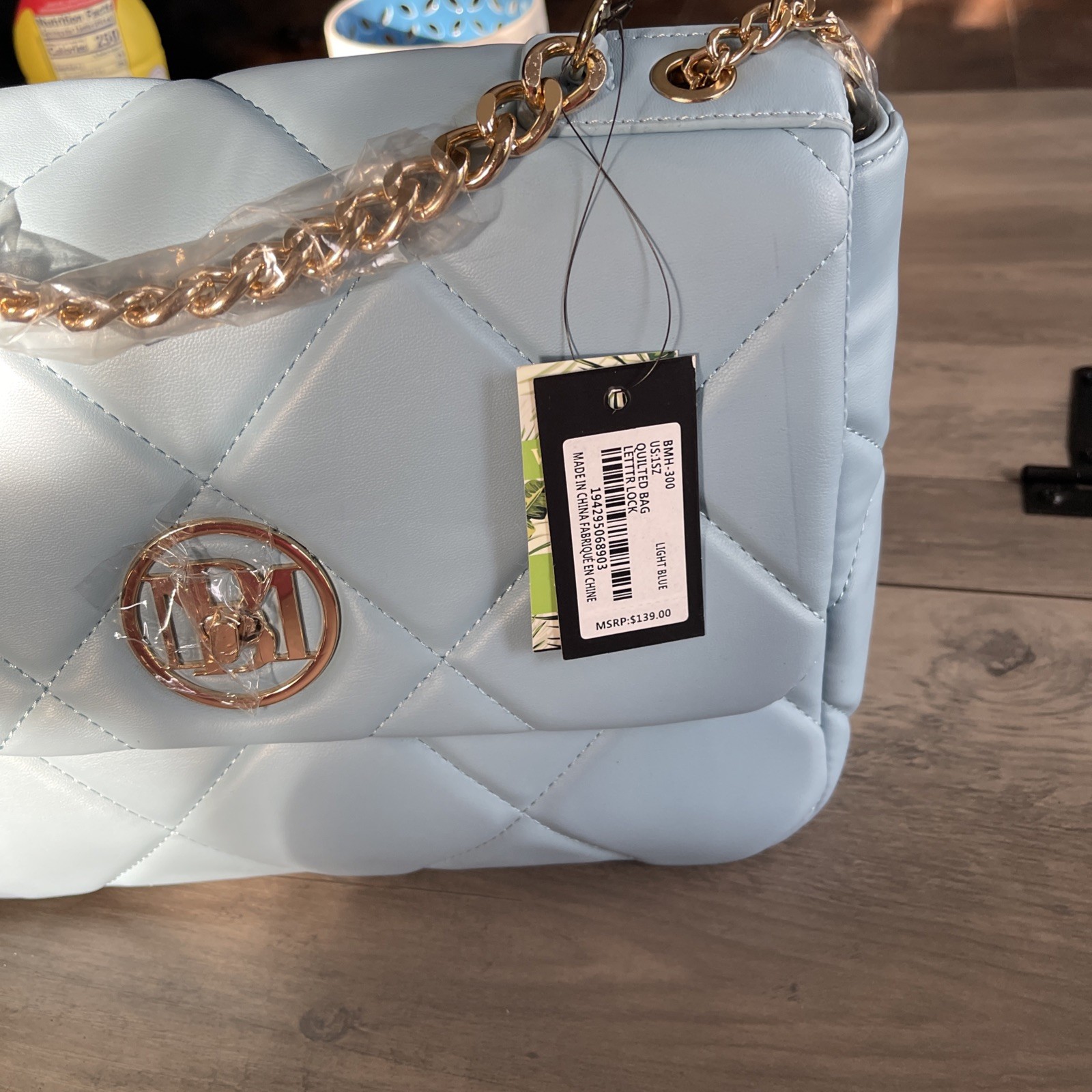 BMH 300 Badgley Mischka Light Blue Big Quilted with Letter Lock NWT MSRP 139.00