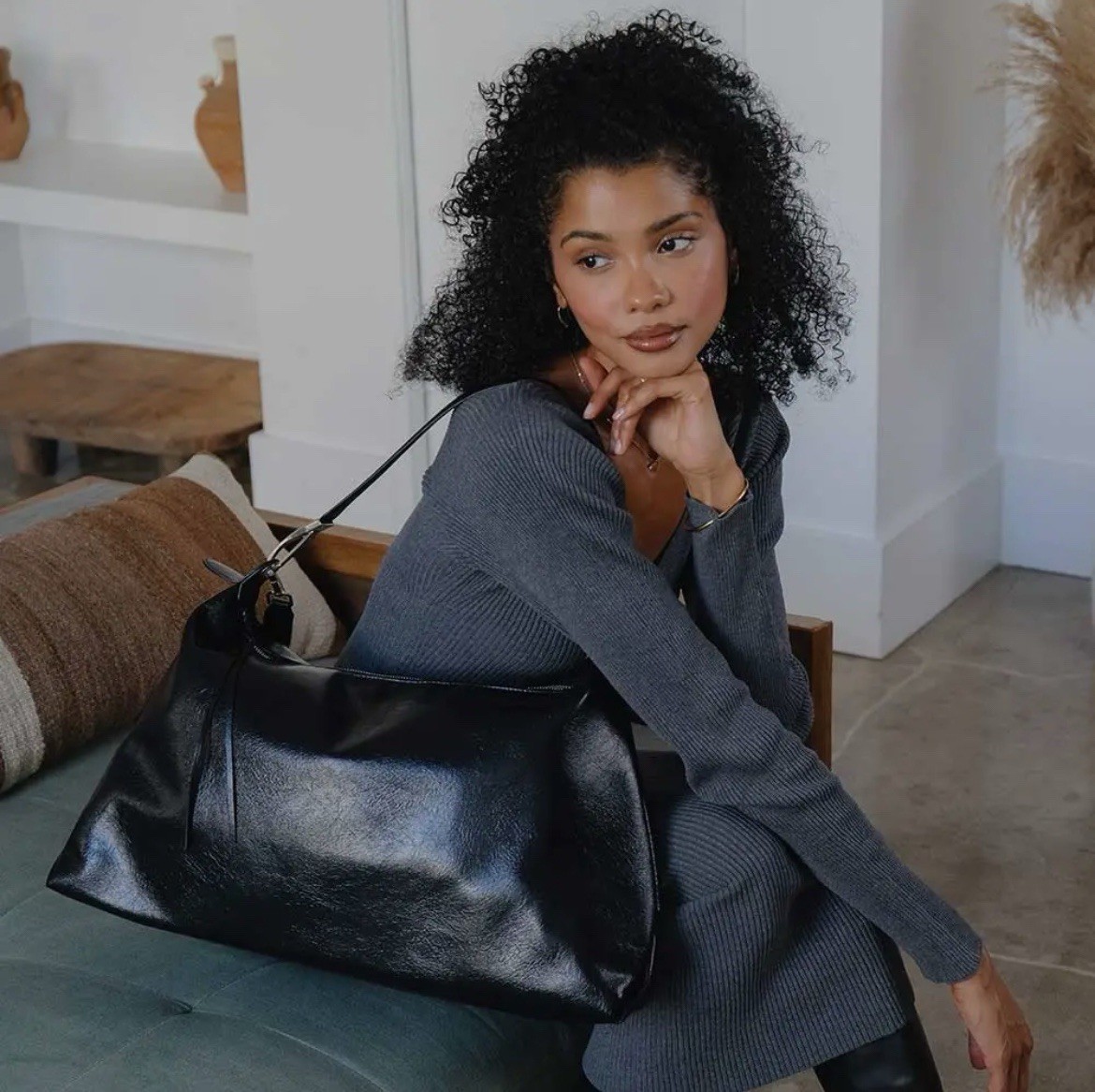 Melie Bianco Charlie ESPRESSO Waxed Shiny Faux Leather Slouchy Bag ANTHRO NWT!