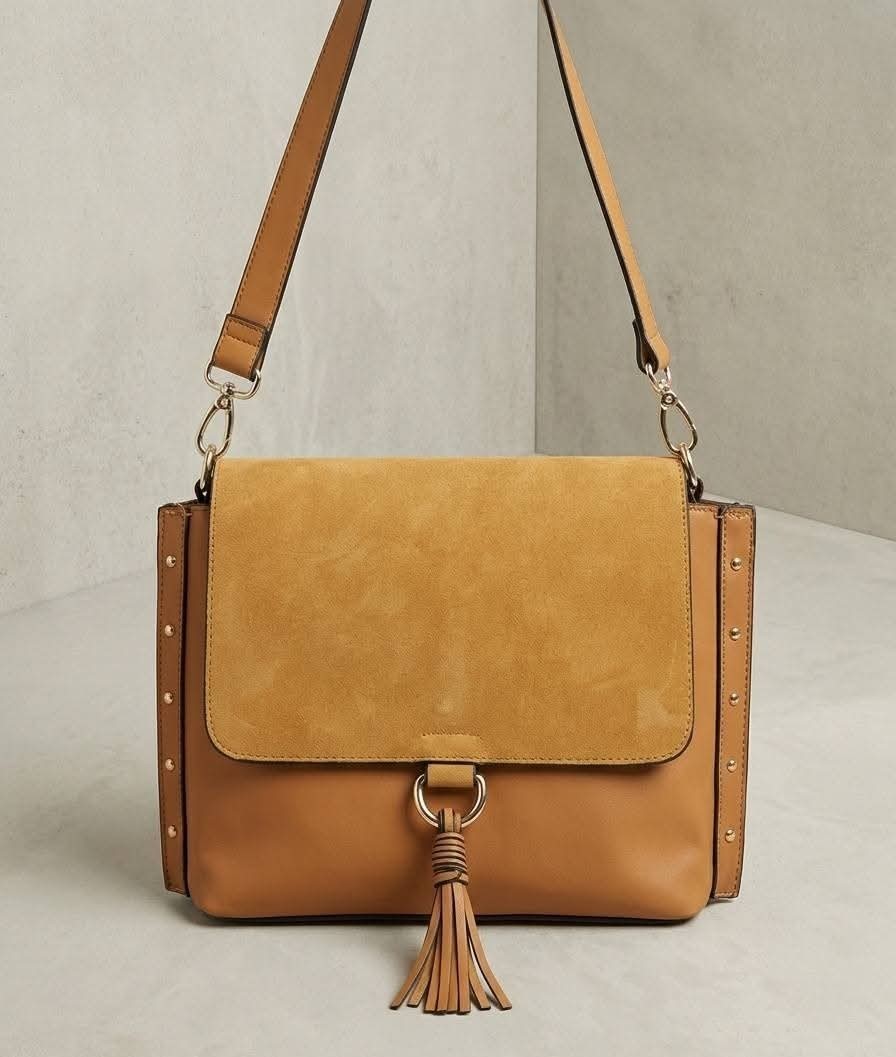 JustFab Tan Boho Mixed Media Crossbody Bag – Tassel & Studs