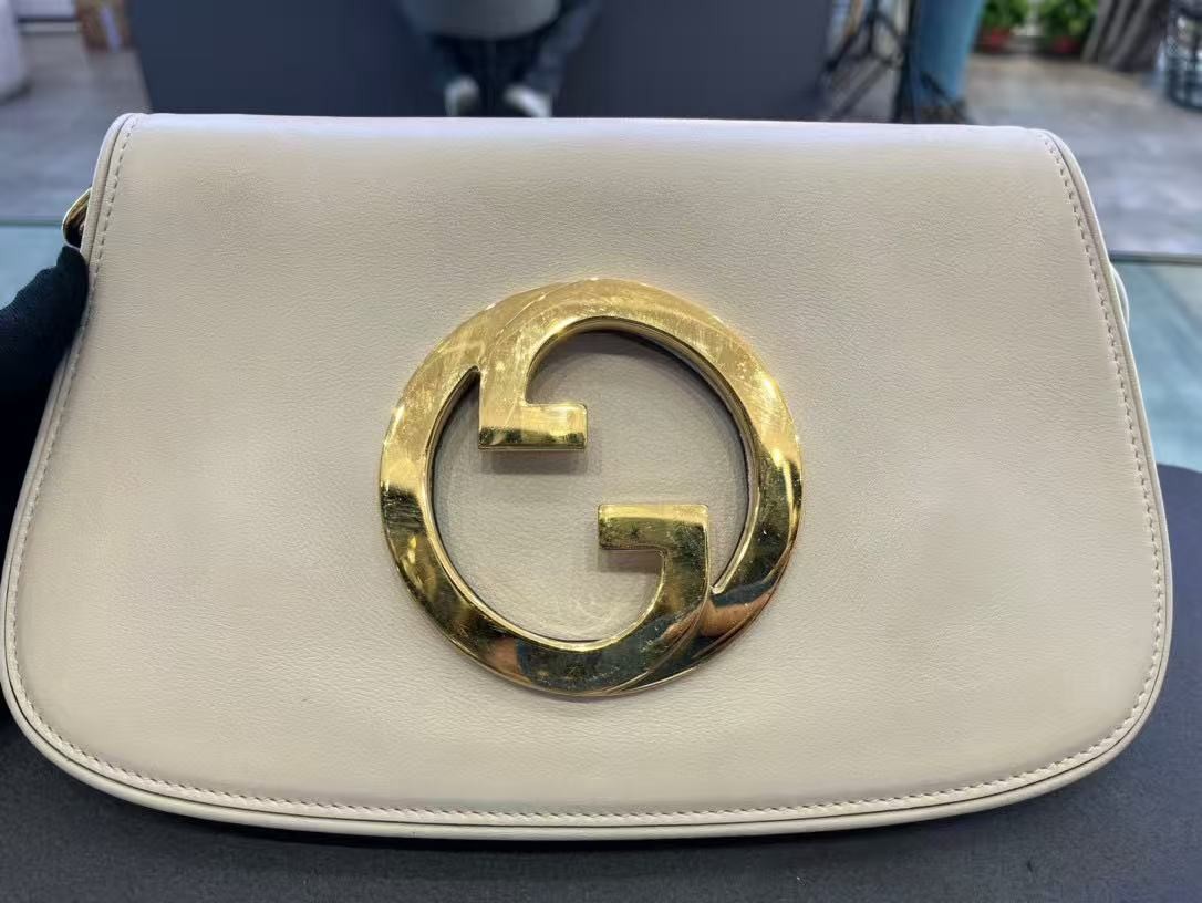 Auth Gucci Blondie Mini White Leather Shoulder Bag 21.5cm GG Logo Chain