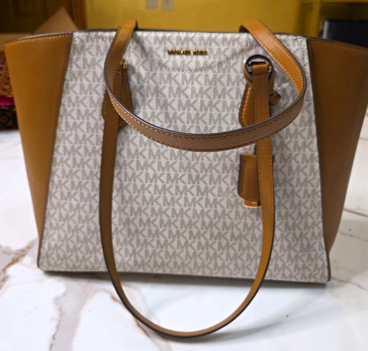 Michael Michael Kors Taryn Large Signature Logo and Leather Tote Bag Brown