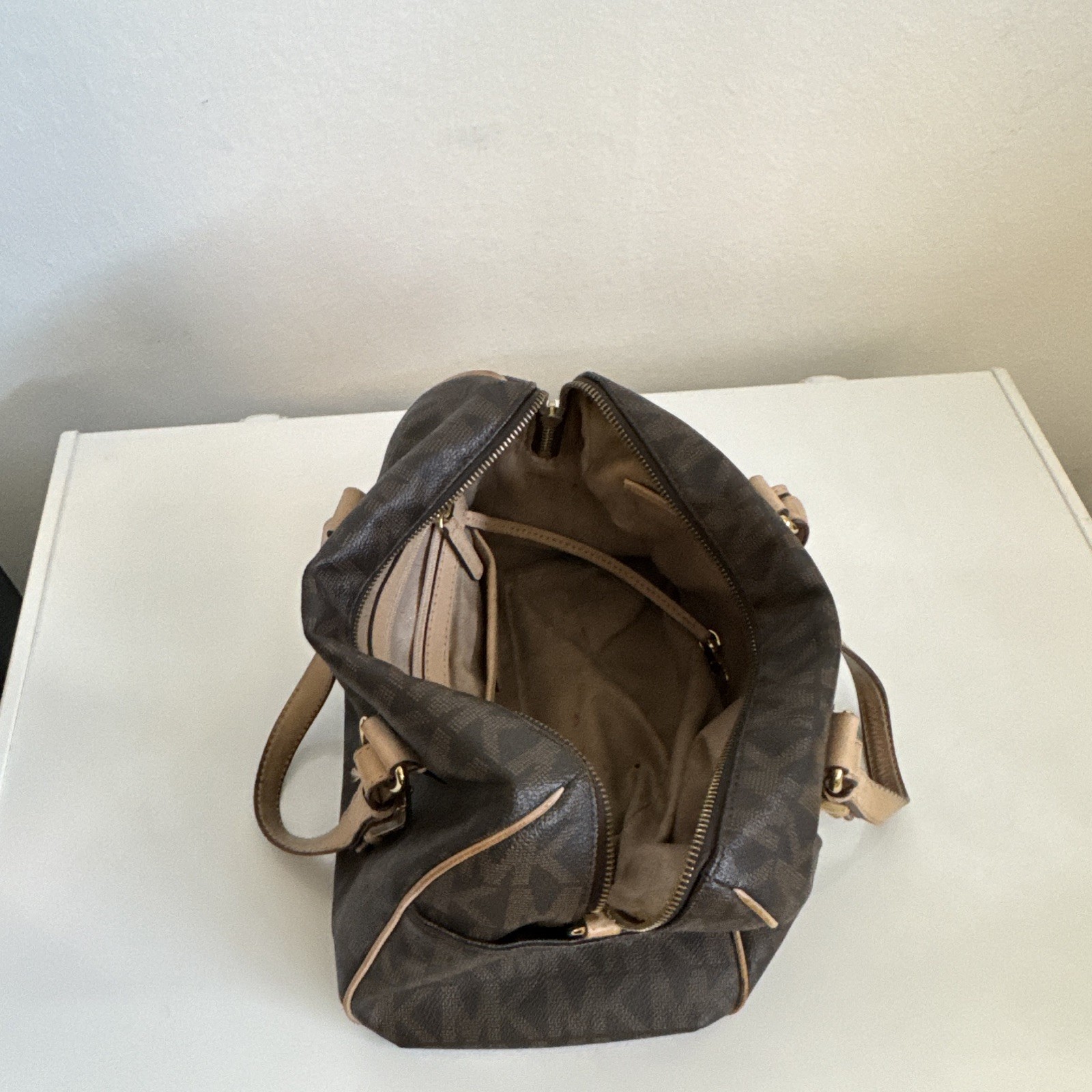 Michael Kors Brown MK Monogram Satchel Top Handle Zip, Gold Hardware, Charm