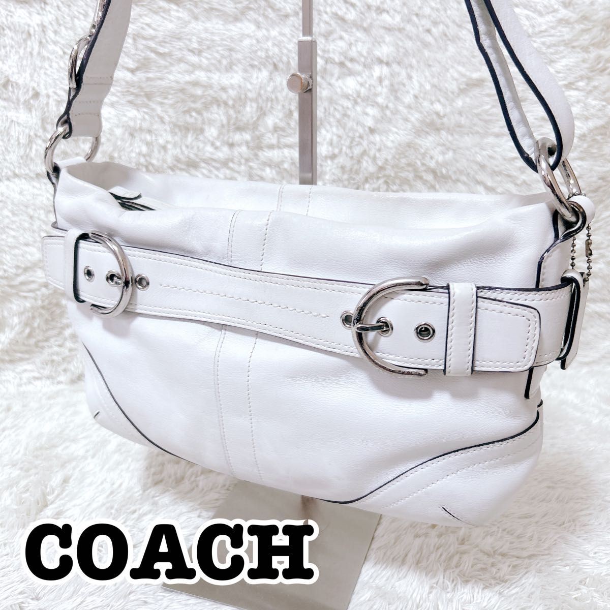 COACH Soho White Leather Shoulder Bag Women Silver Buckle Strap 33cm 21cm Auth