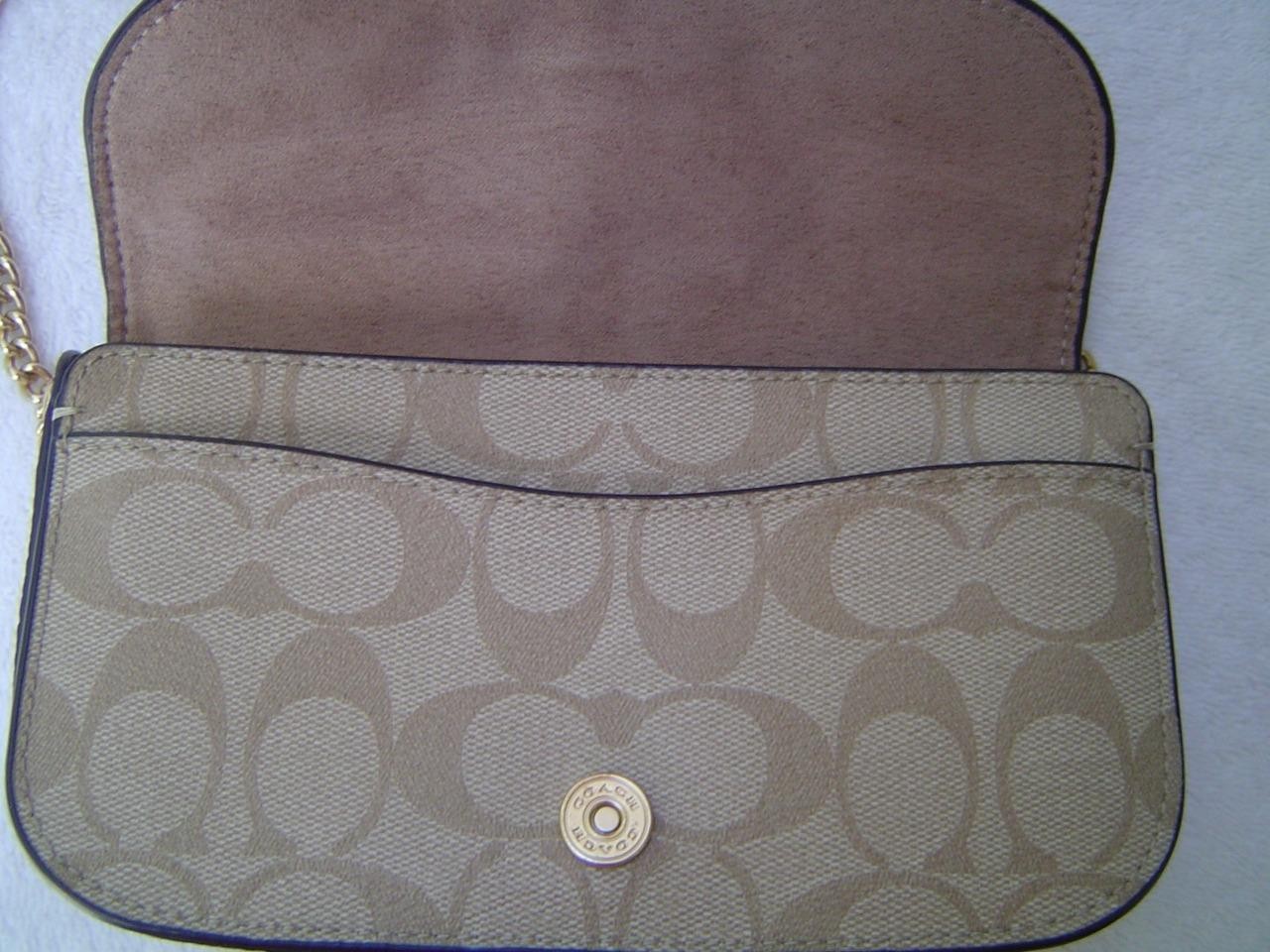 AUTHENTIC COACH KLEO LIGHT KHAKI SIGNATURE AND LEATHER CROSSBODY #CA441 EUC/LN