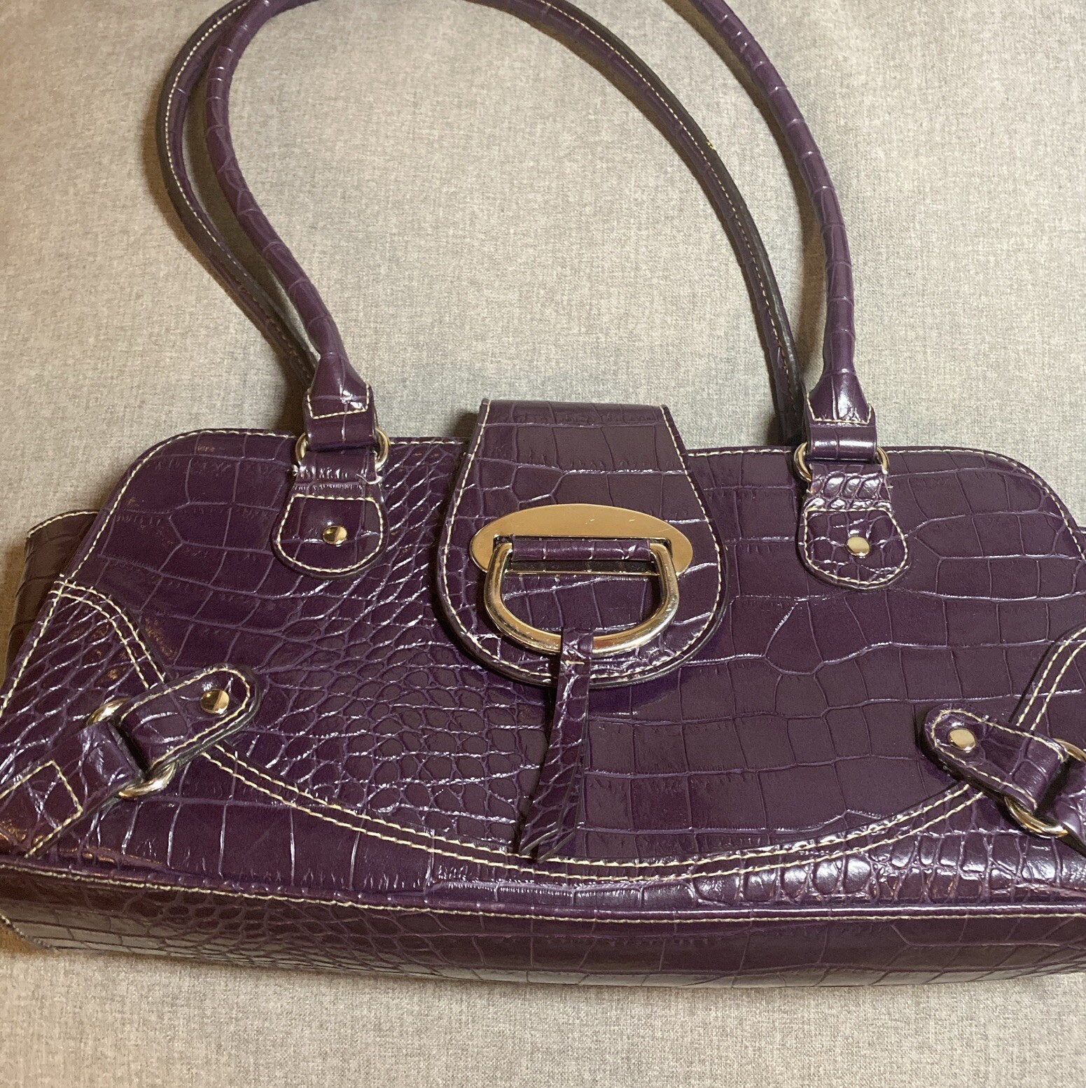 Attention Purple Crocodile Pattern Shoulder Handbag Purse Large Faux Buckles