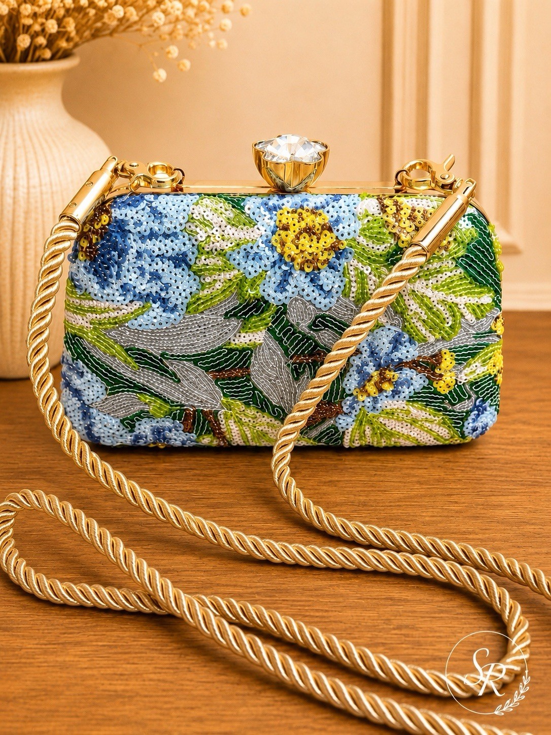 NEW Floral Sequin Clutch Crossbody Crystal Clasp Removable Rope Strap