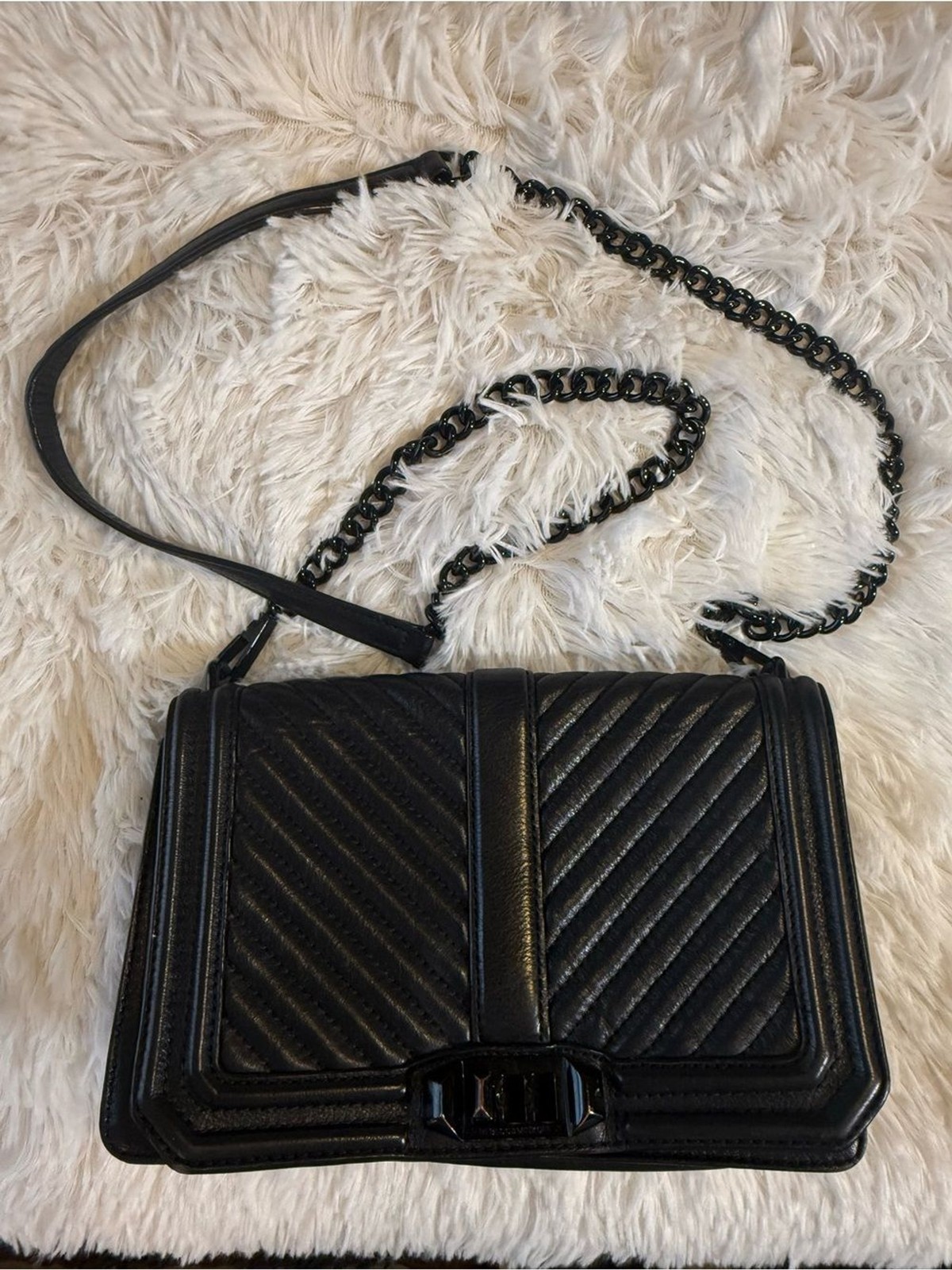 Rebecca Minkoff Black Chevron Quilted Love Crossbody Leather Chain Turnlock Zip
