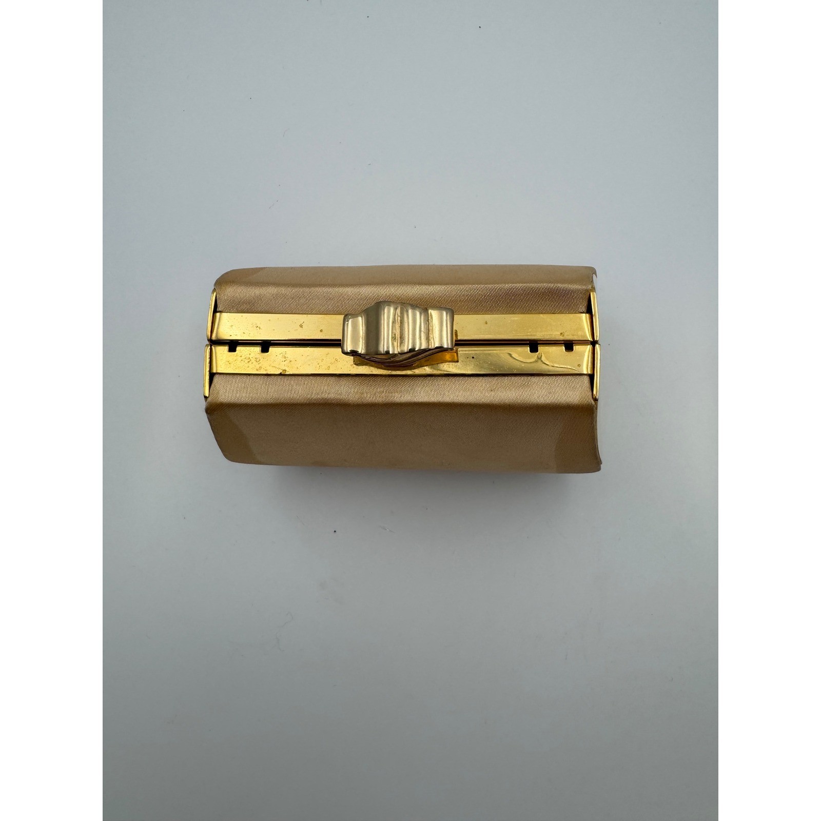Jessica McClintock Champagne Gold Satin Evening Box Clutch Bag Rhinestone Clasp