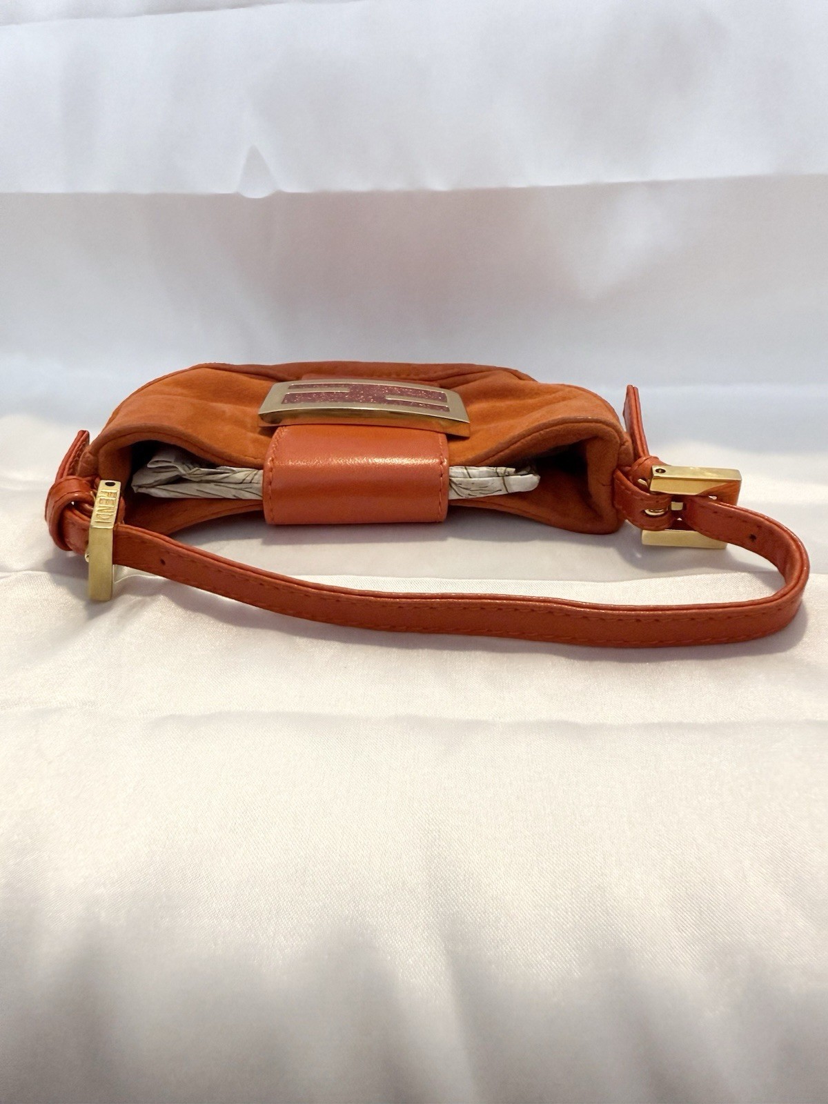 Authentic VINTAGE FENDI MINI CROISSANT ORANGE SUEDE/LEATHER