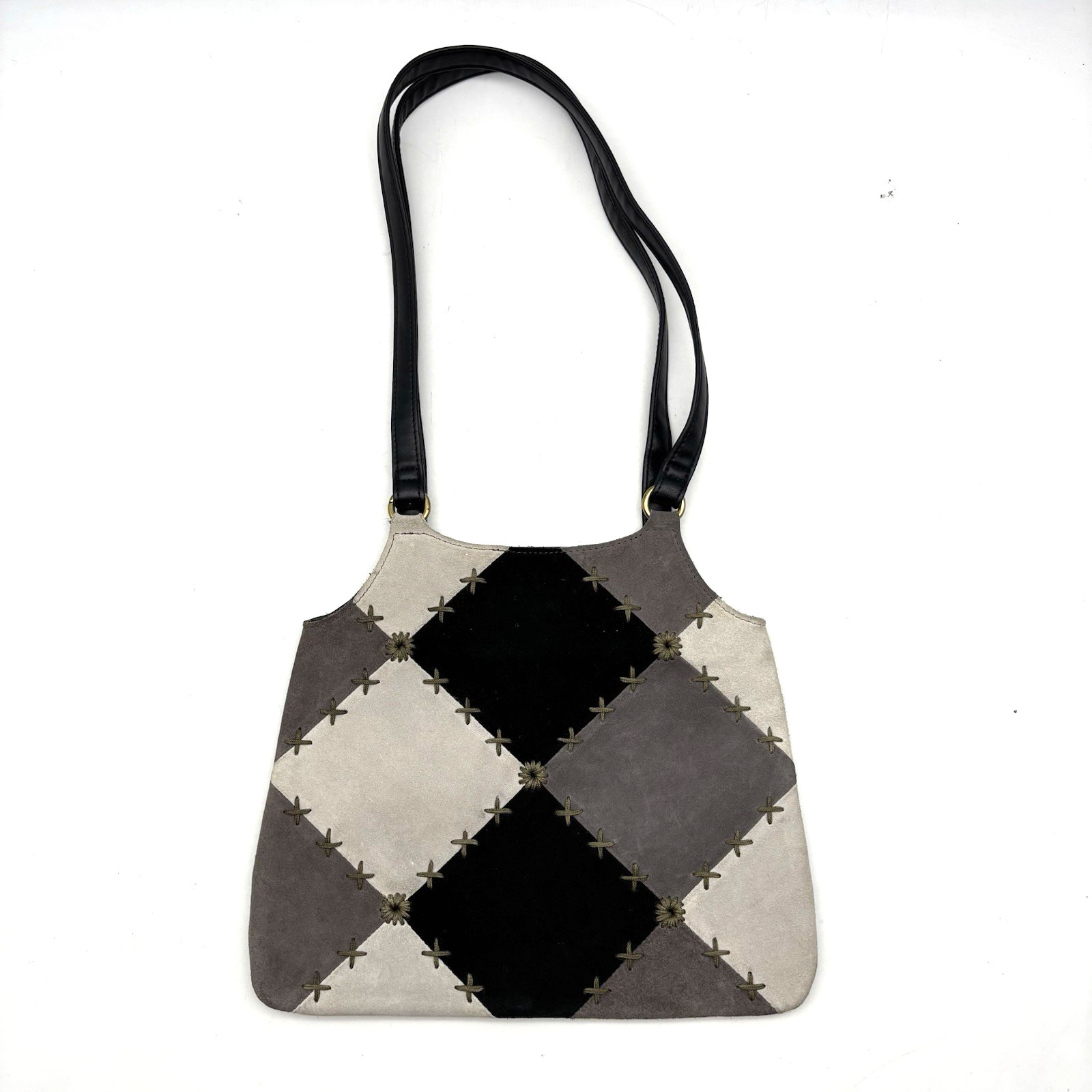 Vintage 90s Y2K Temp Design Black Gray Suede Embroidered Shoulder Bag 11×9.5″