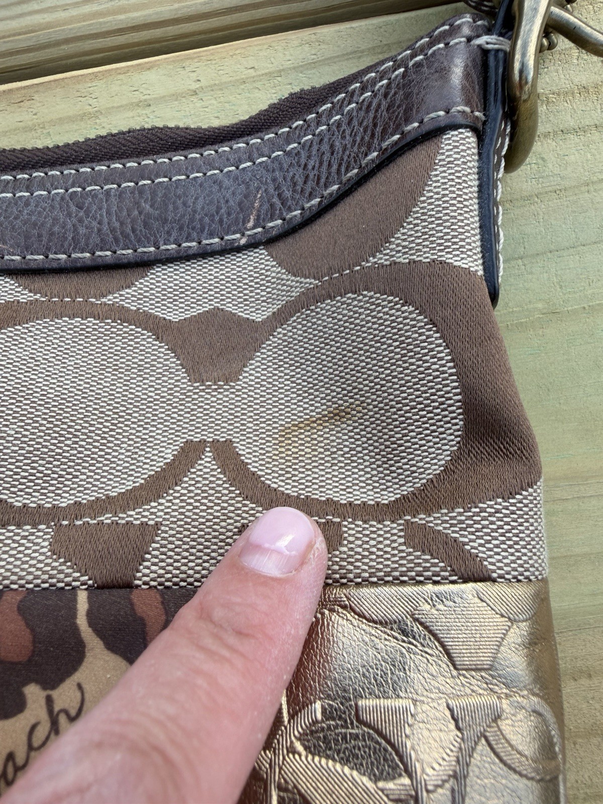 COACH Holiday Patchwork brown leather shoulder bag jacquard logo metallic